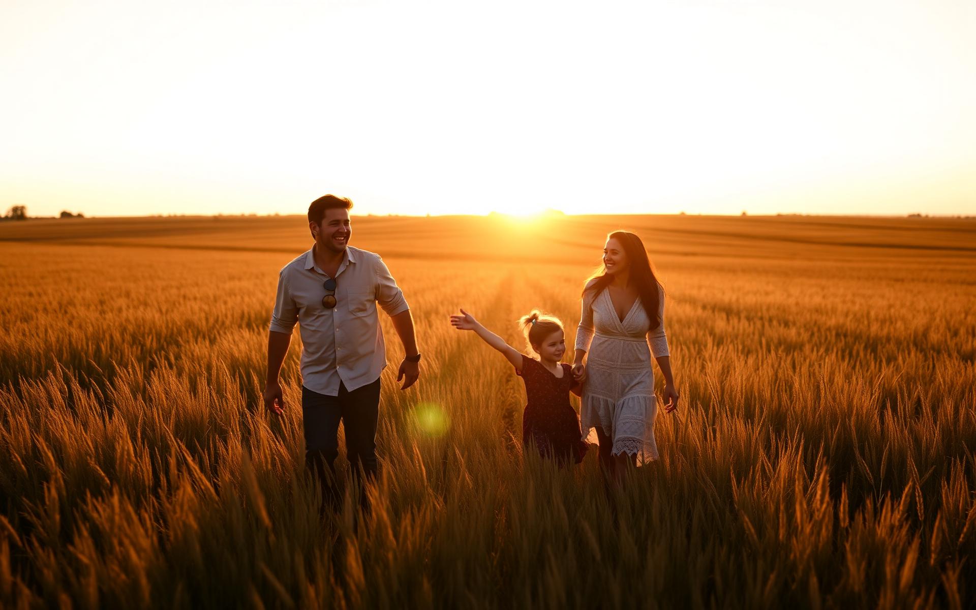 A family walking together at sunset in a warm field