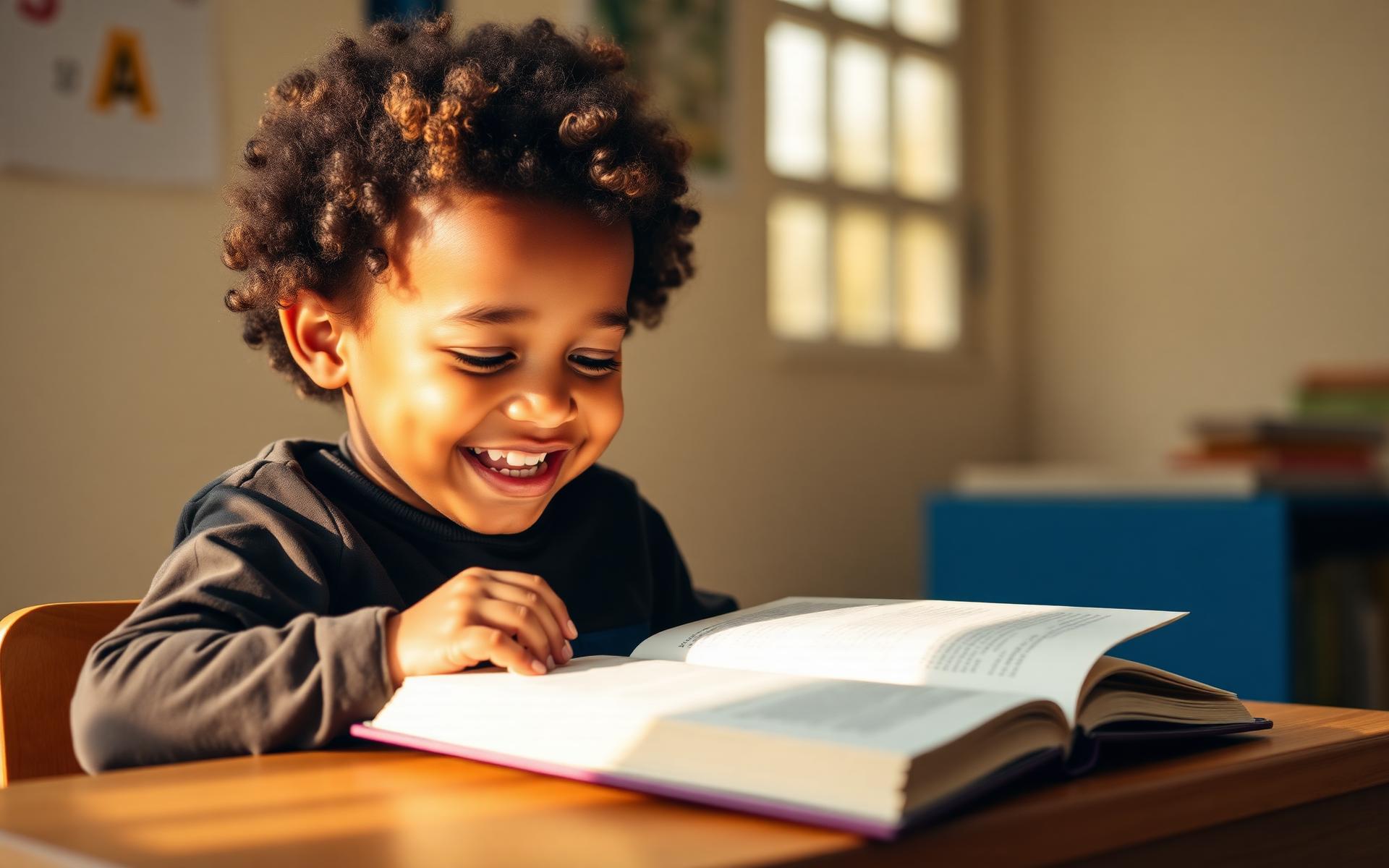 A child joyfully reading a book